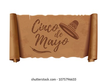 Cinco de mayo. Hand drawn calligraphy lettering on an antique vintage scroll. Banner concept design. Vector illustration