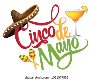 Cinco de Mayo hand drawn lettering with festive straw sombrero text design.  EPS10 vector illustration.