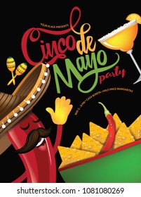 Cinco de Mayo hand drawn lettering with festive straw sombrero party background. For celebration on the fifth (cinco) of May (Mayo). EPS10 vector illustration.