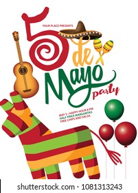 Cinco de Mayo hand drawn lettering with festive straw sombrero, balloons and pinata invitation background.  EPS10 vector illustration.