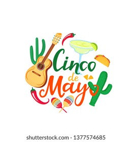 Cinco de Mayo hand drawn lettering. 5th of May. Festive mexican banner. Guitar, margarita, sombrero, maracas.