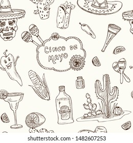 Cinco de Mayo Hand drawn doodle set. Vector illustration. Isolated elements on white background. Symbol collection.