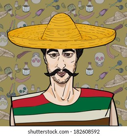 Cinco De Mayo hand drawn cartoon illustration of a mexican man with mustache and sombrero over a background with  traditional elements