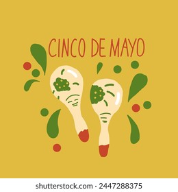 Cinco de Mayo. Hand drawn lettering text and maracas. Mexican festivals and culture traditions. Vector flat hand drawn illustration.