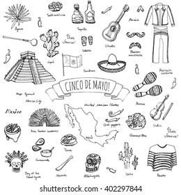 Cinco De Mayo hand drawn cartoon collection Doodle Mexico set Vector illustration Sketchy mexican food icons United Mexican States elements Maracas Sombrero Maya Pyramid Aztec Tequila Chili pepper