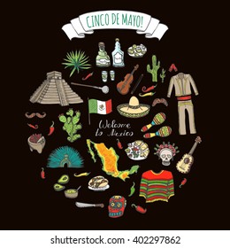 Cinco De Mayo hand drawn cartoon collection Doodle Mexico set Vector illustration Sketchy mexican food icons United Mexican States elements Maracas Sombrero Maya Pyramid Aztec Tequila Chili pepper