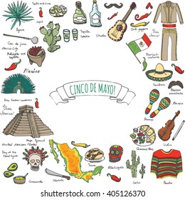 Cinco De Mayo hand drawn cartoon collection Doodle Mexico set Vector illustration Sketchy mexican food icons United Mexican States elements Maracas Sombrero Maya Pyramid Aztec Tequila Chili pepper