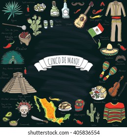 Cinco De Mayo hand drawn cartoon collection Doodle Mexico set Vector illustration Sketchy mexican food icons United Mexican States elements Maracas Sombrero Maya Pyramid Aztec Tequila Chili pepper