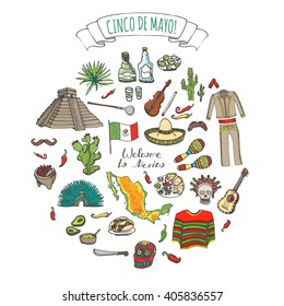 Cinco De Mayo hand drawn cartoon collection Doodle Mexico set Vector illustration Sketchy mexican food icons United Mexican States elements Maracas Sombrero Maya Pyramid Aztec Tequila Chili pepper