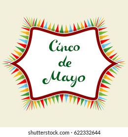 Cinco De Mayo hand drawn lettering and label with festive pattern. Abstract Mexican style ornament. Banner with freehand greeting letters. Vector illustration.