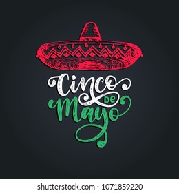 Cinco De Mayo, hand lettering. Translation from Spanish 5 May. Vector calligraphy with illustration of sombrero. Used for greeting card, poster design. 