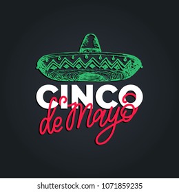 Cinco De Mayo  hand lettering  Translation from Spanish 5 May  Vector calligraphy and illustration sombrero  Used for greeting card  poster design  