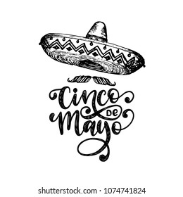 Cinco De Mayo, hand lettering. Translation from Spanish 5 May. Vector calligraphy with illustration of sombrero. Used for greeting card, poster design. 