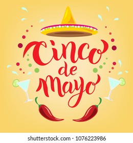 Cinco de Mayo hand lettering text. May 5, federal holiday in Mexico. Fiesta banner and poster design with chili pepper, Mexican hat sombrero and decorations. Good for card, postcard template.