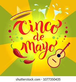 Cinco de Mayo hand lettering text. May 5, federal holiday in Mexico. Fiesta banner and poster design with chili pepper, Mexican hat sombrero and decorations. Good for card, postcard template.