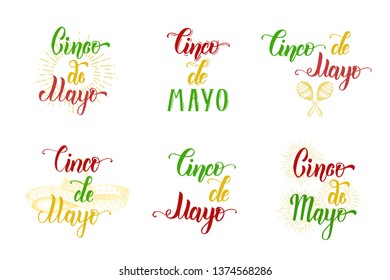 Cinco de Mayo hand made lettering Set. Vector color vintage illustration mexican symbol in sketch style  isolated on white.  Lettering calligraphy phrase. 