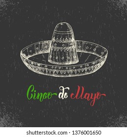 Cinco de Mayo hand made lettering with  mexican symbol - sombrero in sketch style. Vector vintage illustration on black.