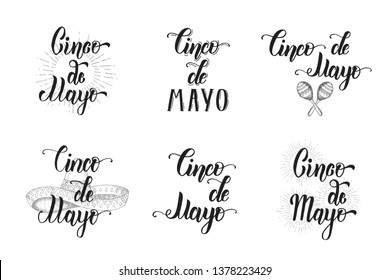Cinco de Mayo hand made lettering Set with Vector vintage illustration mexican symbol in sketch style  isolated on white.  Lettering calligraphy phrase. 