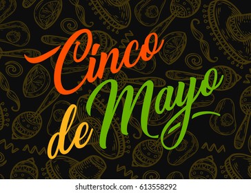 Cinco de Mayo hand sketched logotype, badge typography icon. Lettering Mexican holiday red, green, yellow colors for greeting card, invitation template. Retro, vintage lettering banner poster template