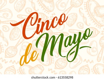 Cinco de Mayo hand sketched logotype, badge typography icon. Lettering Mexican holiday red, green, yellow colors for greeting card, invitation template. Retro, vintage lettering banner poster template