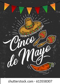 Cinco de Mayo hand sketched logotype, badge typography icon. Lettering Mexican holiday with hat, flag, maracas for greeting card, invitation template. Retro lettering banner poster template background