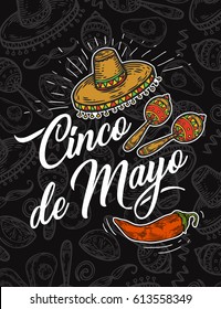 Cinco de Mayo hand sketched logotype, badge typography icon. Lettering Mexican holiday with hat, chilli, maracas for greeting card, invitation. Retro lettering banner poster template background