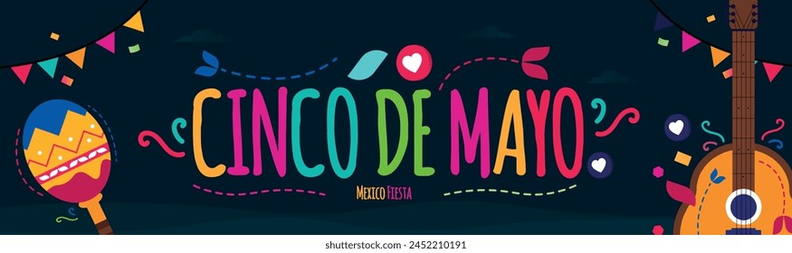 In: Cinco de Mayo. Happy Cinco De mayo Mexiko Fiesta Feier Social Media Banner mit bunten Text, mexikanische Gitarre, Maracas, Hut, Konfetti, auf dunklen Hintergrund.