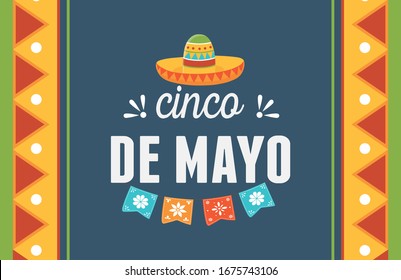 cinco de mayo hat pennants decoration mexican celebration card vector illustration