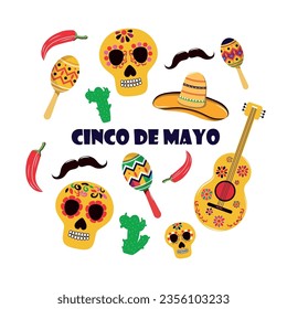 Cinco de mayo holiday banner. Cactus, ornamental skulls, sombrero, maracas, mustache, chili pepper, guitar. Mexican culture. Poster. Vector stock illustration. isolated. Cartoon