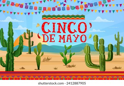 Cinco de Mayo Ferienbanner mit mexikanischer Wüstenlandschaft und Kakteen, Vektorhintergrund. Papel-Picado-Fahnen, Nachos-Chips, Chilischoten und Kalk für die mexikanische Fest von Cinco de Mayo