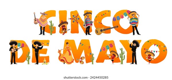 Cinco de mayo holiday banner with national mexican characters. Isolated vector colorful typography with traditional mariachi, latino man, flamenco dancer woman and musician jalapeno pepper personages