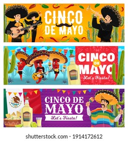 Cinco de Mayo holiday banners, Mexican fiesta celebration party, vector background. Cinco de Mayo 5 May Mexican holiday sombrero, cactus and Mexico flags, traditional guitar, maracas and tequila