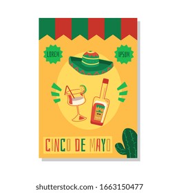 Cinco de mayo holiday card template with Mexican culture elements - green sombrero hat, tequila bottle, glass of drink and green cactus. Flat colorful vector illustration