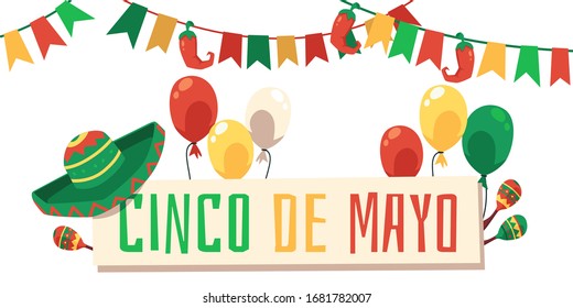 Cinco de mayo holiday celebration card decoration elements isolated on white background. Colorful banner with text, sombrero hat, flags and balloons - vector illustration.