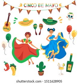 Cinco de mayo holiday element isolated set - colorful flat symbols of Mexican culture. Sombrero, maracas, painted skull, dancing women, chilli pepper, tequila - vector illustration