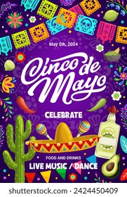 Cinco de mayo holiday flyer or banner for Mexican fiesta celebration, vector background. Mexico 5 May holiday festival or party event poster with sombrero, tequila, avocado and papel picado flags