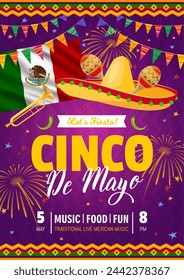 Cinco de Mayo holiday flyer for Mexican party fiesta and music festival, vector background. Cinco de Mayo celebration poster with Mexico flag, sombrero and Mexican mariachi music maracas with trumpet