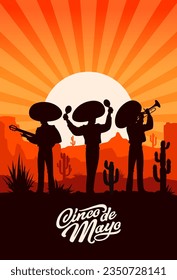 Cinco de mayo holiday, mexican mariachi musician silhouettes on sunset at desert. Vector vertical poster with trio of men wear sombrero playing maracas, guitar and trumpet at deserted dusk landscape