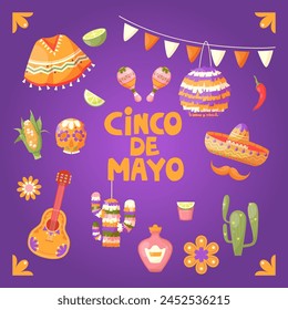 Cinco de Mayo holiday. Mexican culture symbols set. Vector illustration