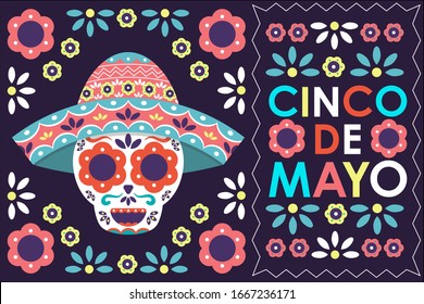 Cinco de mayo, la festividad en México. La ilustración del esqueleto colorido. 5 de mayo. -vector