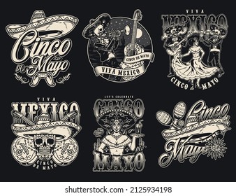 Cinco de mayo holiday monochrome vintage badges collection with sombrero, pair of maracas, sun, chili pepper, waitress with painted face carrying cocktail, calavera against crossed guitars, dancing