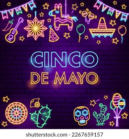 Cinco De Mayo Holiday Neon Background. Vector Illustration of Hispanic Religion Holiday Glowing Led Electric Light.