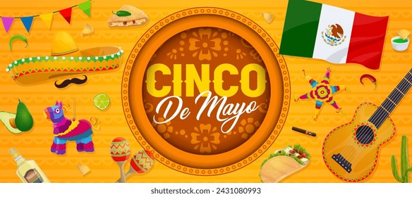 Cinco de mayo holiday paper cut banner with mexican flag, food and musical instruments. Vector festive background with sombrero, mustaches, pinata and guitar. Tex mex quesadilla, tequila, and avocado