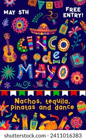 Cinco de Mayo Feiertagsflieger mit fiesta karnevalem Vektormuster. mexikanische Gitarre-, Sombrero-, Maracas- und Pappenflaggen, traditionelles Essen und Tequila-Drink-Banner mit Latino-Blumendekorationen