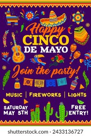 Cinco de Mayo Ferienparty Flyer. Einladungsposter mit traditionellem hispanischen Sombrero, Gitarre, Poncho und Kakteen. Pinata, tropische Blumen, Papel Picado Flaggen und Maracas mit Tequila Flaschen