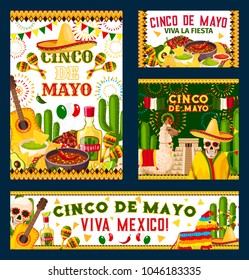 Cinco de Mayo holiday poster for mexican fiesta party design. Festive food, pepper, sombrero and skull, maracas, tequila and cactus, Mexico flag, guitar and pinata, aztec pyramid and firework banner