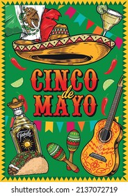 Cinco de mayo holiday poster with sombrero hat, national flag with emblem, margarita glass, tequila bottle, pair of maracas, painted guitar on green background with flag garlands, vector illustration