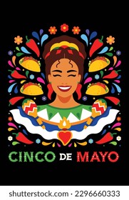 Cinco de mayo holiday poster. Mexican Fiesta composition - Latina woman in traditional dress, tacos, chili pepper, flaming heart, abstract shapes, flowers, maracas. Modern illustration, poster