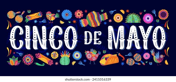 Afiche de la Fiesta Cinco de Mayo con comida mexicana, flores y pájaros para fiesta, fondo vectorial. Cartel de la celebración del Cinco de Mayo con burrito mexicano y maracas, chili y jalapeno