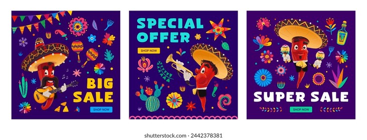 Cinco de mayo holiday sale banners, special offer and super big sale. Vector square promotional cards or social media posts with red hot jalapeno, chili, guindilla mariachi pepper musician characters